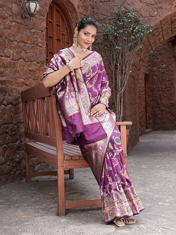 Varanga Purple Cotton Blend Banarasi Saree